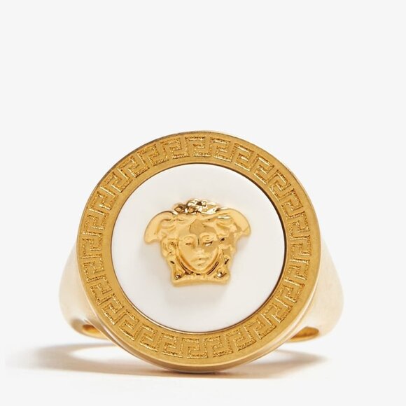 Versace Gold Color Metal Embellished Medusa Head Ring Sz 15 - Picture 1 of 4